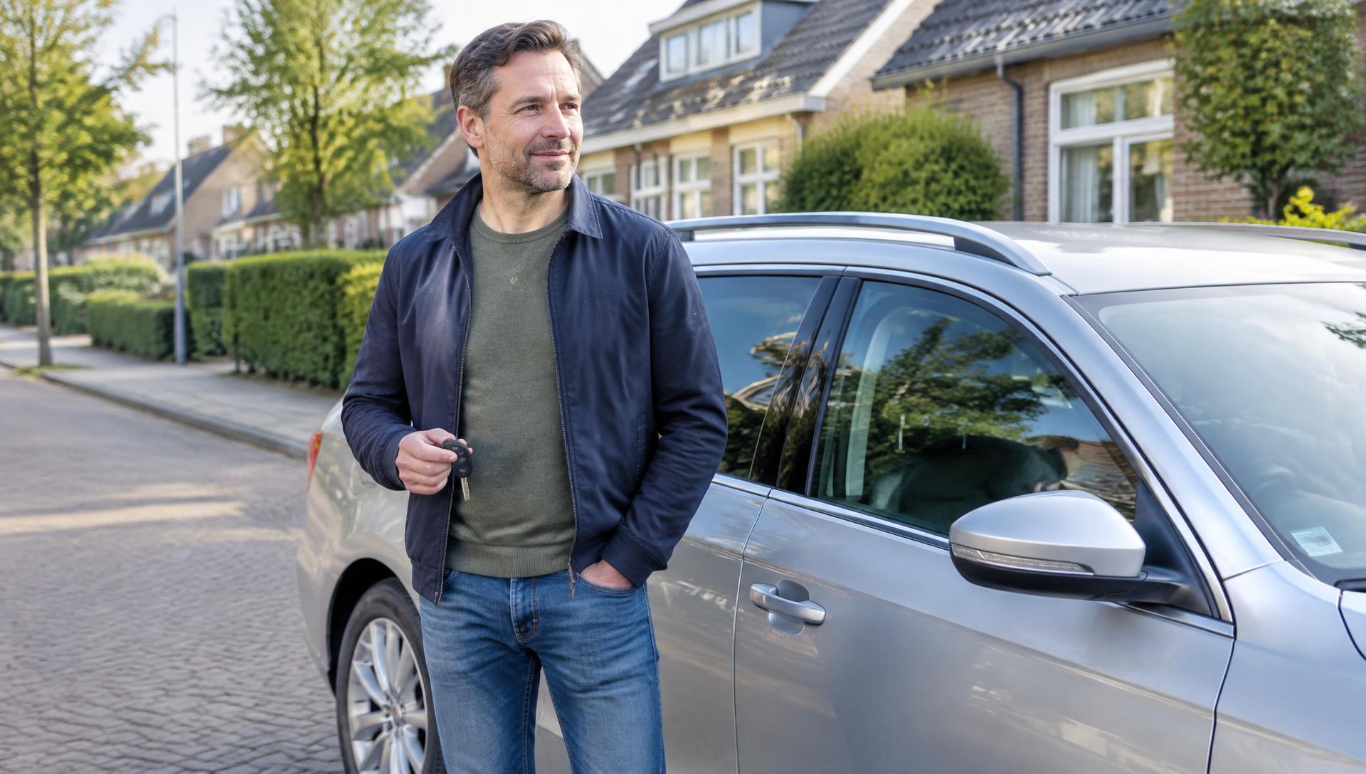 Eigenaar bij zijn auto in een Nederlandse woonstraat